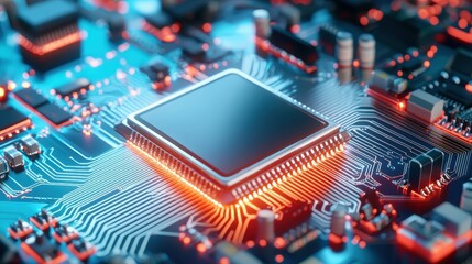 Poster - Close-up of a microprocessor on a circuit board with glowing elements.