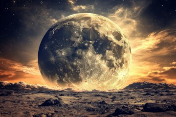Wall Mural - giant moon over a desolate, rocky landscape