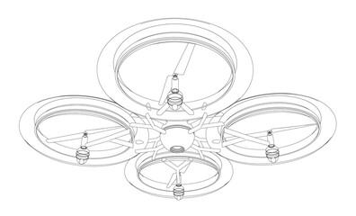 Poster - A drawing of a drone. The drone is white and black. The drone is a model that is used for photography