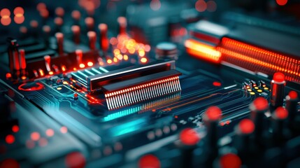 Fototapete - Close-up of a high-tech circuit board with glowing components and intricate details.