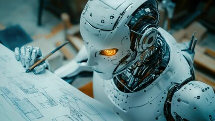 Poster - Advanced futuristic robot working on architectural blueprints at a construction site, demonstrating AI-driven engineering and automation