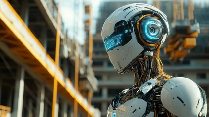 Poster - Futuristic robot working on construction site,