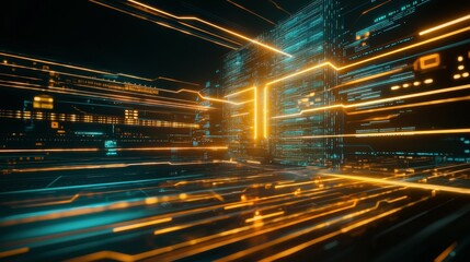 Poster - Futuristic digital landscape with vibrant neon lights and complex data patterns.