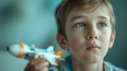 Aufkleber - This child holds a toy rocket, showcasing curiosity and creativity during learning activities.