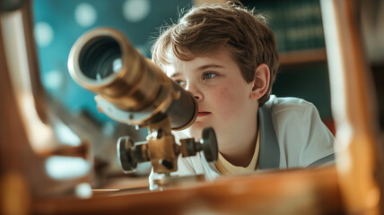 Aufkleber - This Child focuses on telescope, engaging with educational materials in a vibrant classroom environment.