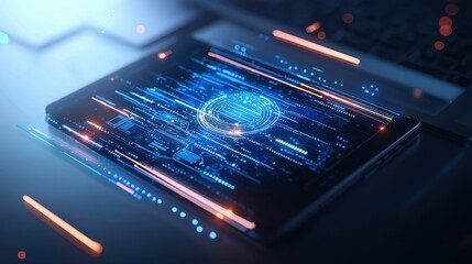 Poster - Futuristic digital interface displayed on a tablet with glowing blue and orange data streams.
