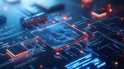 Poster - Abstract close-up of a futuristic circuit board with glowing LED lights and intricate details.