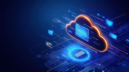 Poster - Abstract cloud computing concept with glowing digital elements in a dark background.