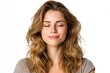 © NTGUILTY - Woman with serene smile and closed eyes embodies tranquility and contentment on a bright white background