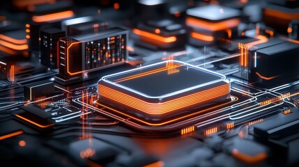 Fototapete - Close-up of a futuristic circuit board with glowing orange lines and intricate details.