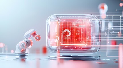 Poster - Futuristic robotic arm examining a glowing data cube in a high-tech lab environment.