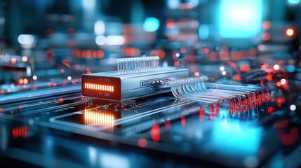Poster - Close-up of a futuristic microchip with glowing circuit pathways and LED indicators.