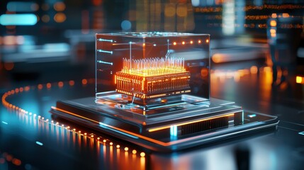 Poster - A futuristic microchip displayed in a glass case, glowing with vibrant orange and blue lights.