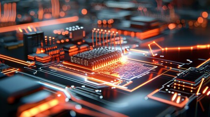 Poster - Close-up of a futuristic circuit board with glowing orange pathways and electronic components.