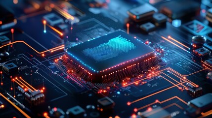 Poster - Close-up of a glowing microchip on a circuit board with vibrant lights.