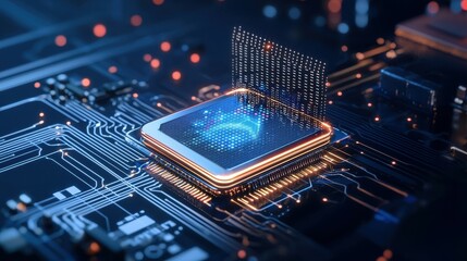 Poster - Close-up of a futuristic microchip on a glowing circuit board.