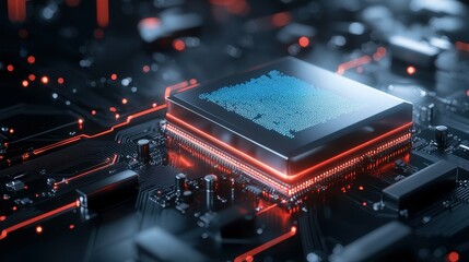 Poster - Close-up of a modern microchip on a futuristic circuit board with glowing elements.