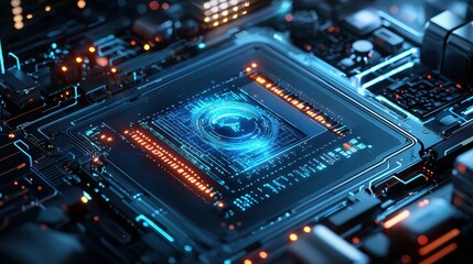 Poster - Futuristic microchip with glowing circuitry and blue holographic effects.