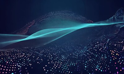 Fototapete - Abstract digital wave of glowing particles and energy flows in a dark background.