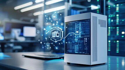 A sleek, modern computer tower with digital interface symbols in a high-tech setting.
