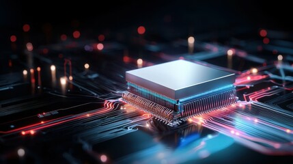Poster - Close-up of a futuristic microchip on a vibrant circuit board.