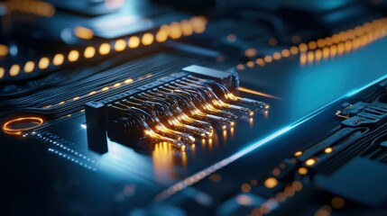 Poster - Close-up of a futuristic circuit board with glowing connections and intricate details.