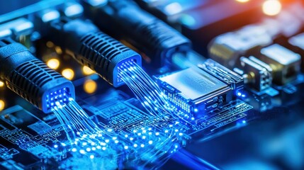 Poster - Close-up of glowing data cables connected to a circuit board in a tech environment.