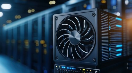 Poster - High-performance computer fan in a sleek, modern data center environment.