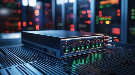 Poster - High-tech server system with illuminated indicators in a modern data center.