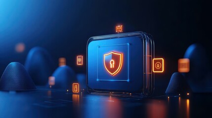 Poster - Digital security concept with glowing shield icon on a futuristic background.