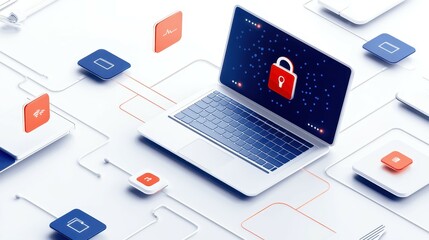 Poster - A modern laptop with a security lock icon, showcasing cybersecurity themes.