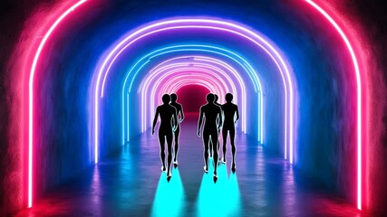 Poster - Two people walking through a colorful neon light tunnel with vibrant colors and shadows