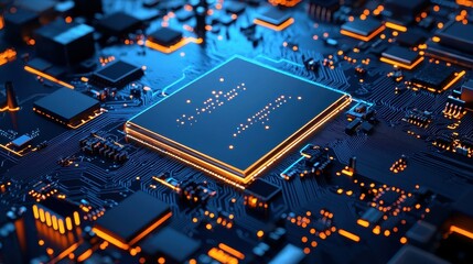 Fototapete - Close-up of a futuristic microchip with glowing circuitry in blue and orange tones.