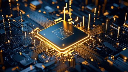 Poster - Close-up of a computer chip with glowing lines on a dark background, showcasing technology.