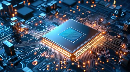 Poster - Close-up of a high-tech microprocessor on a circuit board with glowing connections.