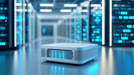 Poster - Modern data server with glowing blue lights in a high-tech server room.