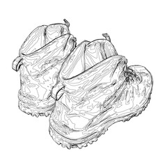 Poster - Two old worn out hiking boots are shown in a black and white drawing. The boots are worn and have a worn out appearance, suggesting that they have been used for a long time