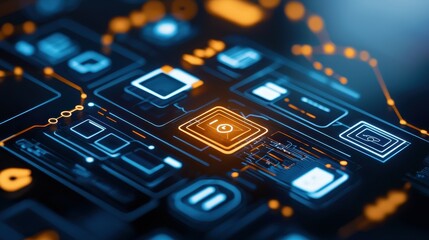 Poster - Futuristic digital interface with glowing circuitry and icons in blue and orange hues.