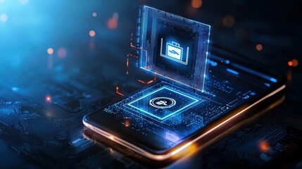 Poster - Futuristic smartphone displaying digital graphics and data interaction.