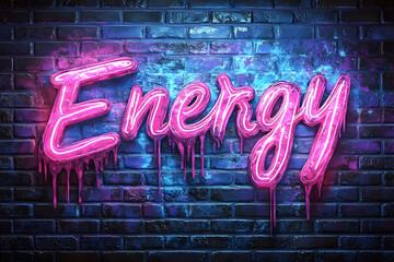 Poster - Pink neon energy word on brick wall background