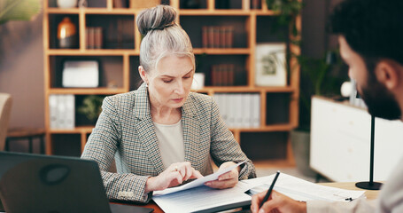 Fototapete - Business, people and reading documents in office for legal consulting, information and review case. Mature woman, attorney and paperwork with settlement, company contract and procedure for management