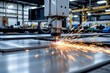 © Charming Studio - Industrial laser cutting machine engraving metal sheet with bright sparks flying in a modern manufacturing facility