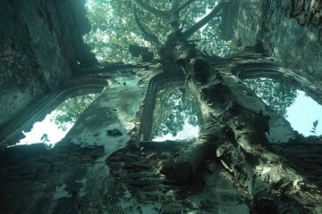 Poster - an old ruin with a growing tree inside its architecture