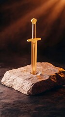 Wall Mural - A golden sword, embedded in a stone, illuminated by a warm light
