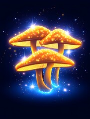 Wall Mural - Three luminous golden mushrooms glow against a dark blue, starry background  Magical, vibrant, and detailed