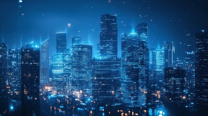 Poster - A modern city skyline at night, with a mixture of glass skyscrapers and classic architecture, bathed in cool blue tones.