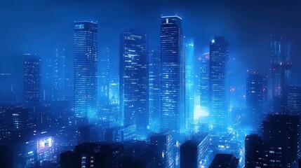 Poster - A modern city skyline at night, with a mixture of glass skyscrapers and classic architecture, bathed in cool blue tones.