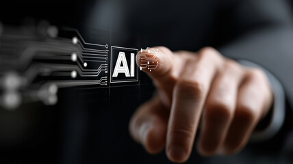 Poster - Businessman engages with a hologram representing AI technology