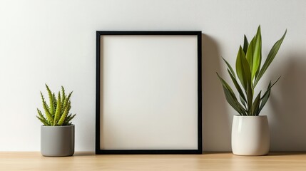 Poster - modern minimalist photo frame with a sleek black border, placed on a wooden table