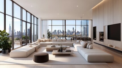 Poster - modern open-concept living room with elegant furniture, floor-to-ceiling windows, and a panoramic city view